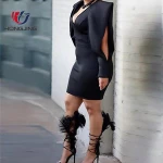 women Solid  deep v-neck long sleeves Solid Plunge Slit Sleeve Bodycon Dress back zipper closure Workwear casual banquet party