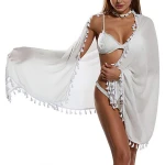 women swimwear  summer beachwear semi-sheer skirt tie side pom-pom trim swim cover ups