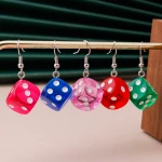 Womens Earring Red Chess Game Hip Hop Night Club Jewelry Long Stainless Steel Ear Hook & Acrylic Dice Earrings