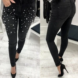 Womens fashion Denim Pencil Pants Ladies Casual Slim Fit Rivet Pearl Jeans with zipper Long Trousers For Women