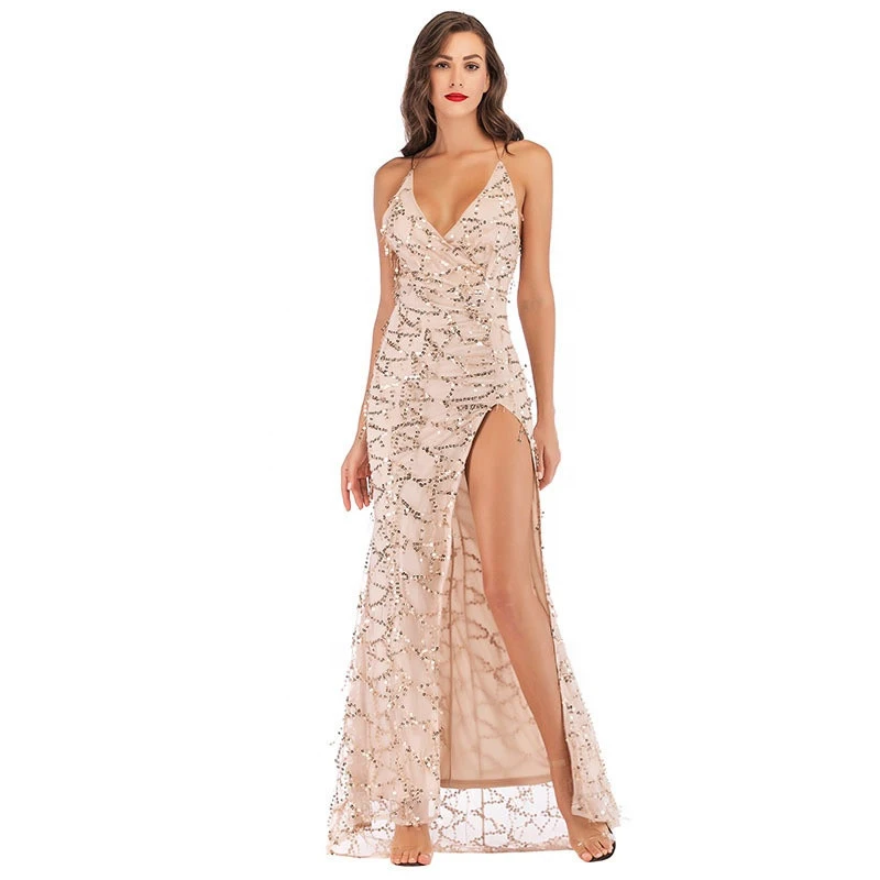Women&#x27;s Elegant Sequin Tassels Design Spaghetti Strap Backless Party Dress