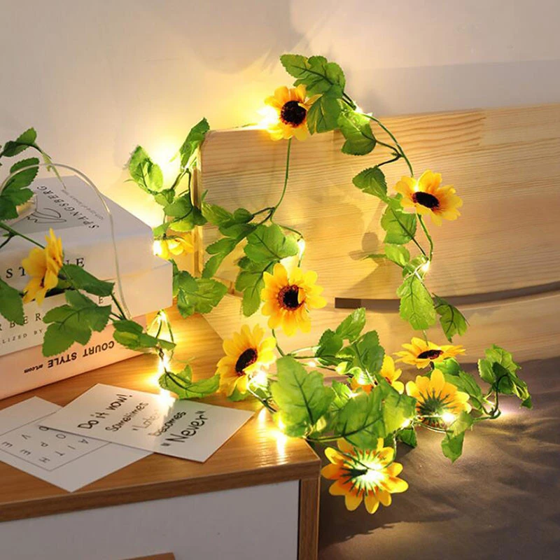 Yellow Sunflower Artificial Flower String LED Light Battery Operated Lamps for Christmas Wedding Valentine Holiday Bedroom Desk