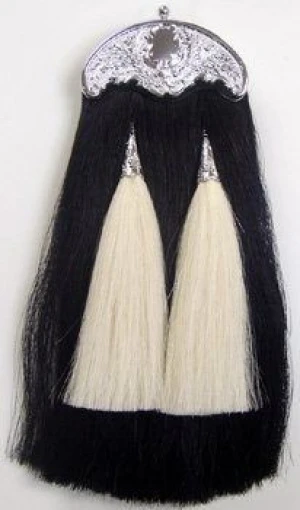 Sporran Horse Hair Black body White tassel thistle cantle top chain straps included