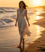 French-style deep V bubble sleeve white beach dress