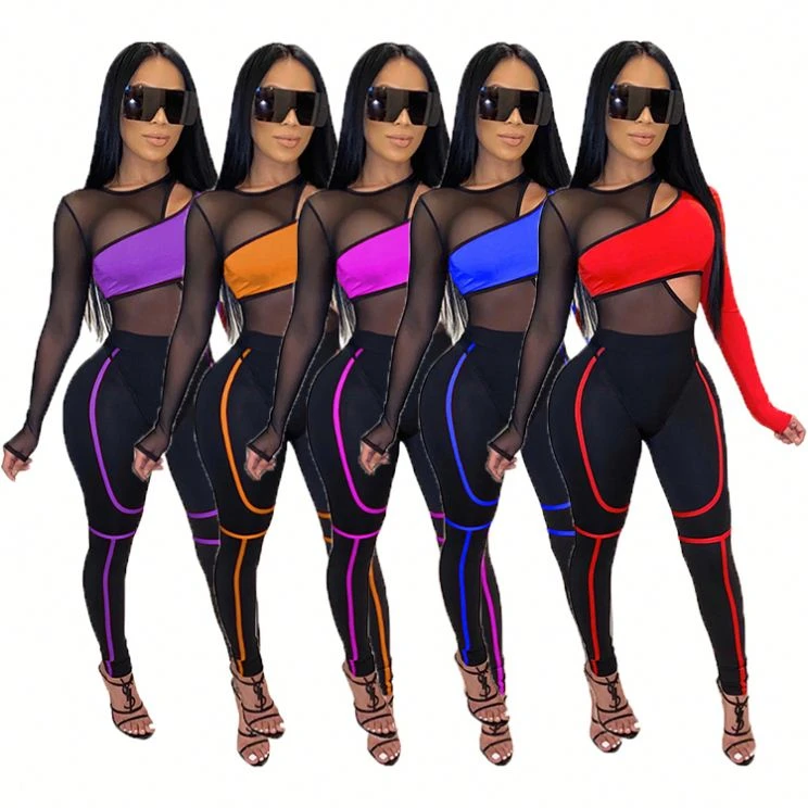 12AF189 wholesale sexy long sleeve mesh splice skintight perspective Sweat Suits High Fashion 2021 women clothing