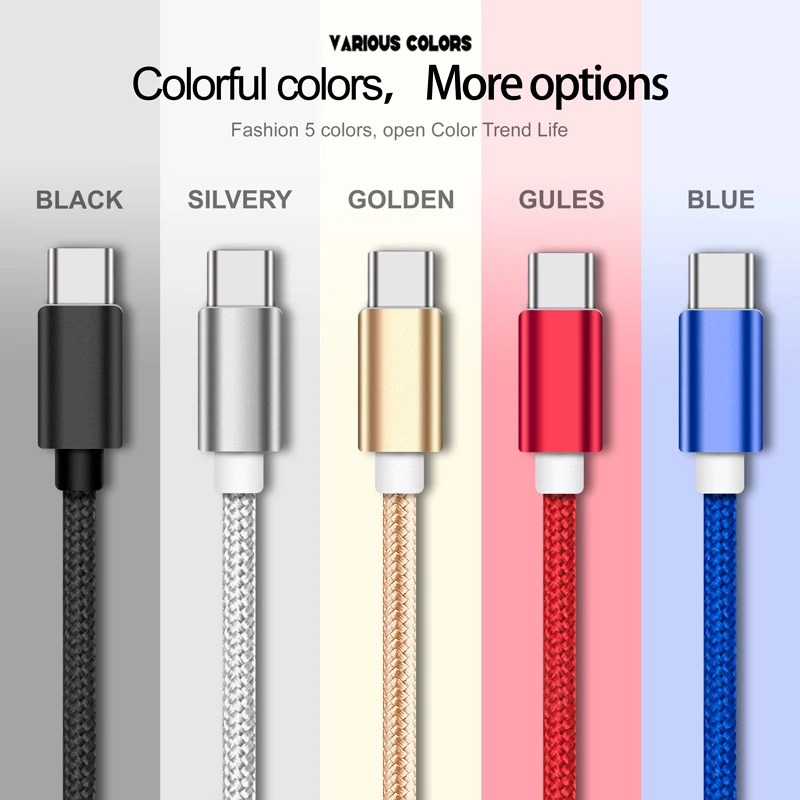 1M 2M 3M New Durable Nylon Braided Black Fabric Jacket Android Phone USB Data Fast Charging Data Cable Type C Cable