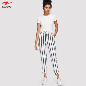 2019 Black and White Casual Drawstring Waist Striped High Waist Tapered Carrot Pants Summer Women Going Out Trousers