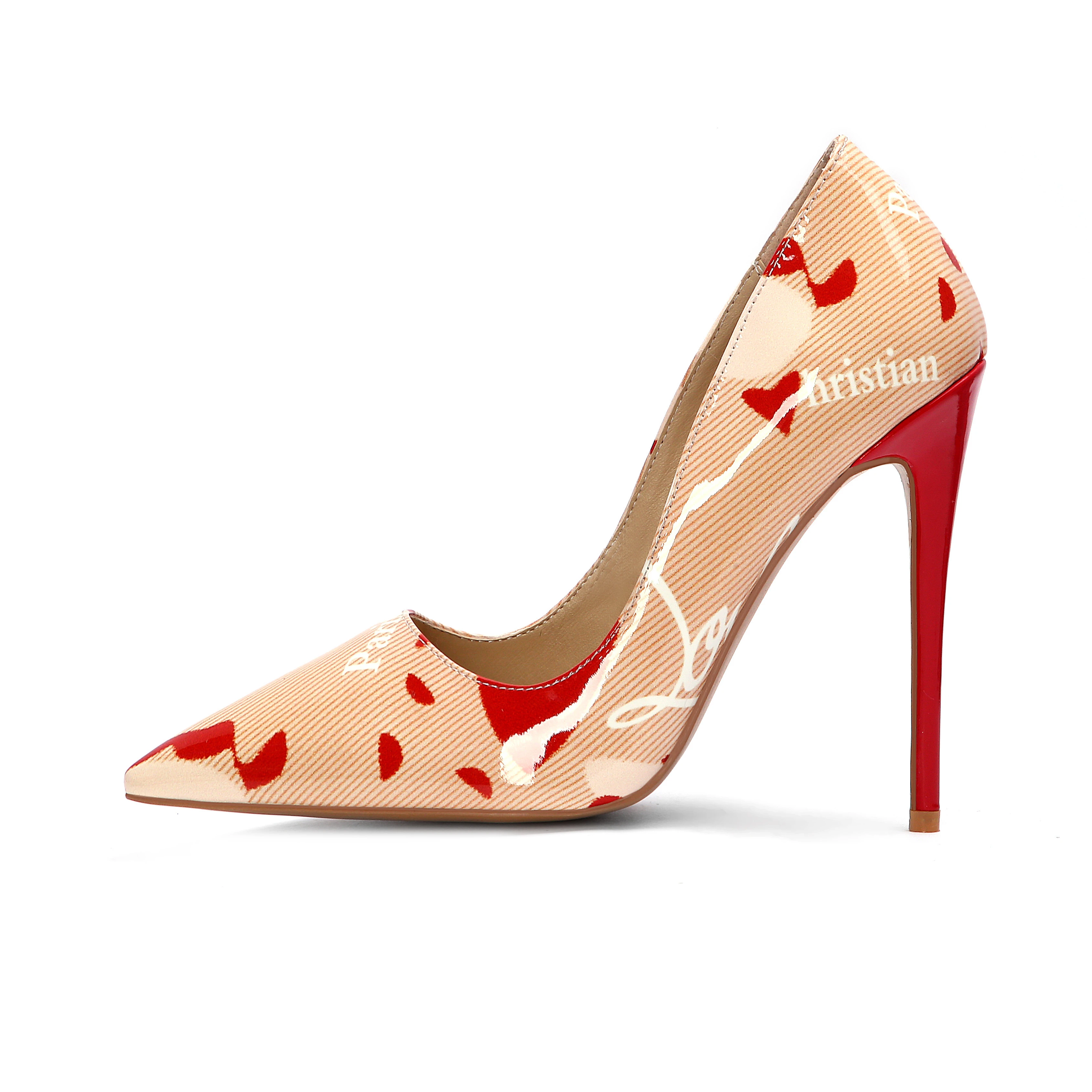 2019 Large Size Extreme High Heels Patent Pu Leather Hand-printed Material Women Dress Shoes