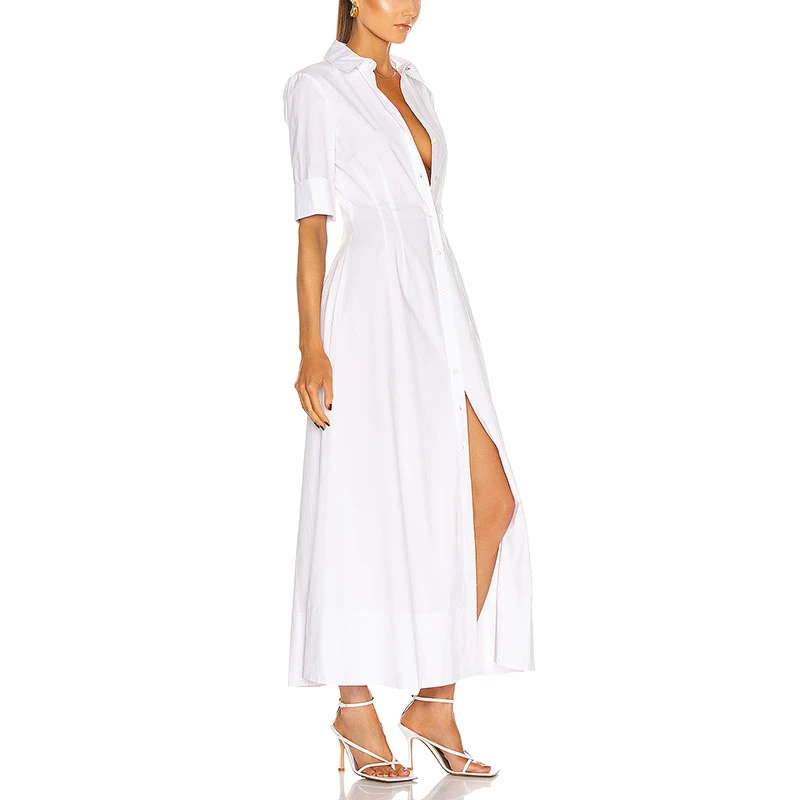 2021 Spring New Design Elegant White Shirt Dress Pleated Waist Casual Maxi Dress Women