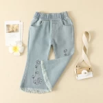 2022 New Spring Autumn Children Denim Pants Cotton Flower Embroidery Casual Baby Girl Jeans