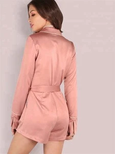 Adult Women Long Sleeve Pink Satin Romper Onesie Pajamas