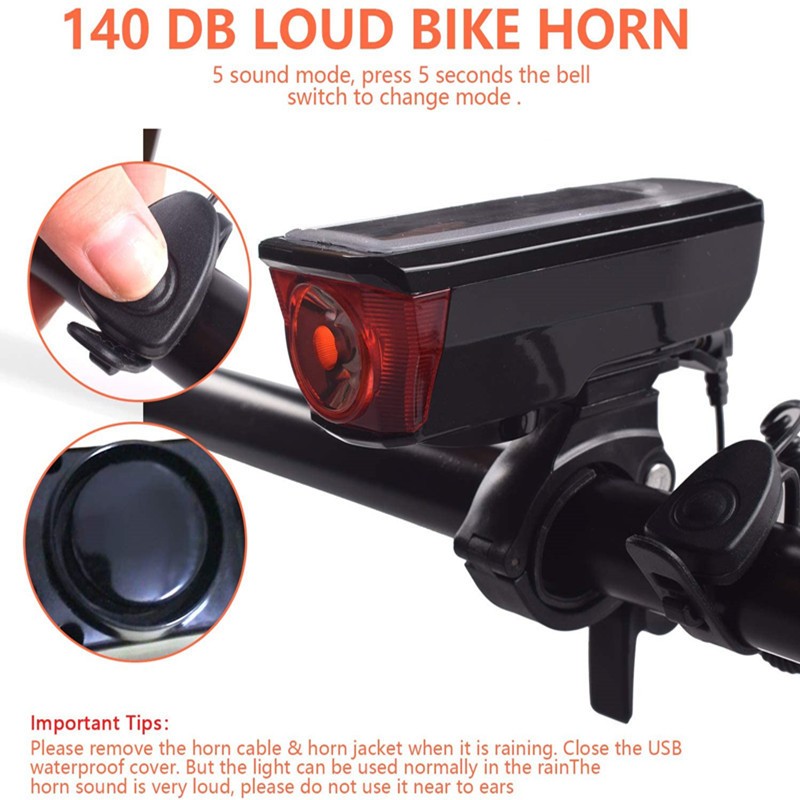 Amazon Hot Sale Waterproof Highlight Solor Bike Front Light Horn Rechargeable Bicycle Signal Light Outdoor LED Bicycle Accessory