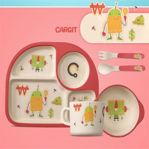 Baby Bamboo Fiber Tableware Children Dinner Dishes Set Include Tray Bowl Spoon Fork Cup Cartoon Pattern Feeding Container K0340