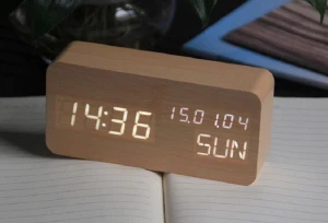 bamboo digital number display temperature alarm clock wooden clock LED