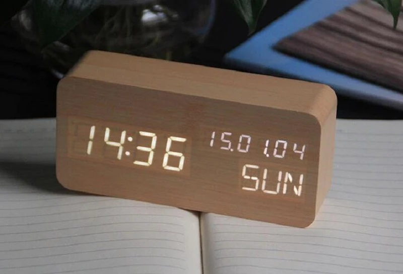 bamboo digital number display temperature alarm clock wooden clock LED