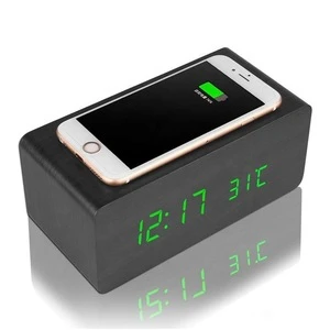 Best gift promotional Phone QI wireless charger wooden LED alarm clock