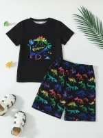 Boys Summer Loungewear 2-Piece Pajama Set with Luminous Cartoon Dinosaur Printed Crew Neck T-Shirt and Matching Short Pants