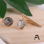 Brass Skeleton Steampunk Watch Men Cufflinks and tie bar set