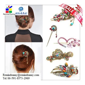 Colorful Charm Women Retro Crystal Butterfly Flower Hairpins Hair Stick Hair Clip