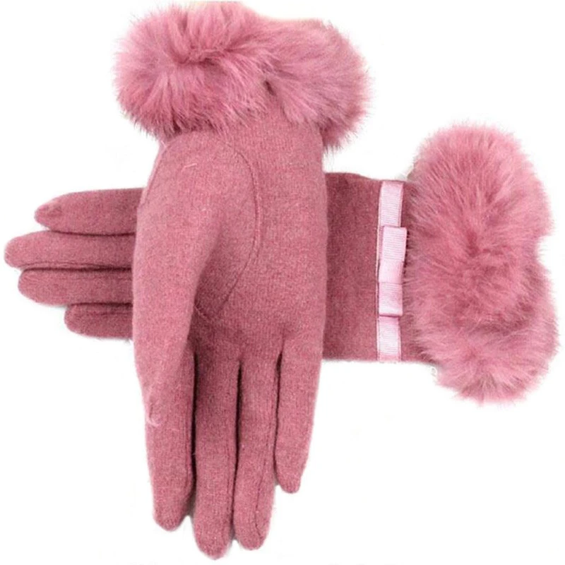 CUHAKCI Cashmere Warm Mittens Bowknot Rabbit Fur Women Woolen Soft Gloves Winter