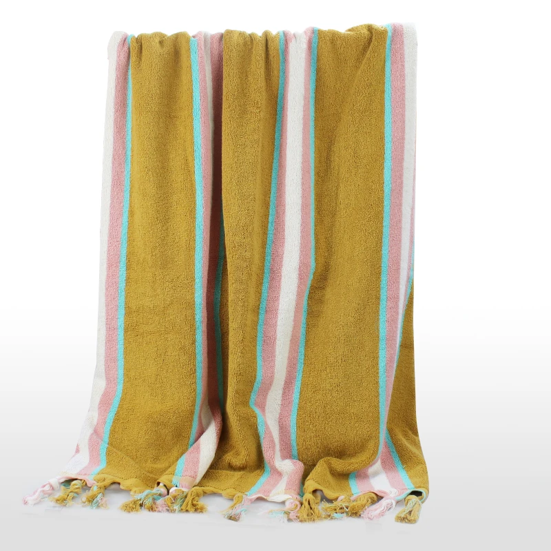 Custom cotton rectangular colorful stripe beach towel jacquard with tassels