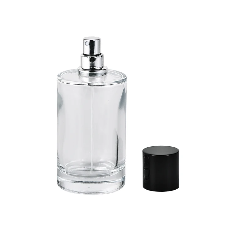 Custom logo 50ml 100ml flat round transparent empty perfume spray bottle with aluminum sprayer