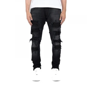 Denim jeans manufacturer custom design black distressed with patch men jeans fashion denim pants