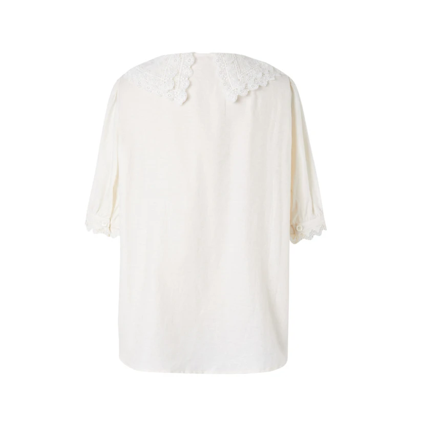 Designer new fashion summer wear cotton silk shirts custom white tops ladies half sleeves lace collar shirt women