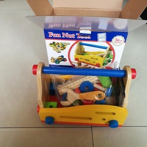 Diy Construct wooden Montessori yellow fun nut tool box educational toy for kids WTB16