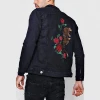 Dongguan jacket manufacturer custom embroidered mens black denim jacket wholesale