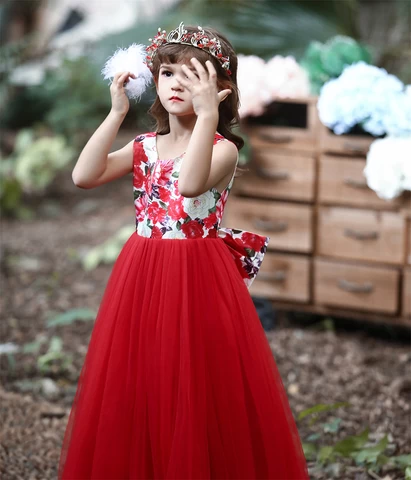 Elegant and generous Flower design dresses children no sleeve long kids party dress cotton 10 years girl dresses