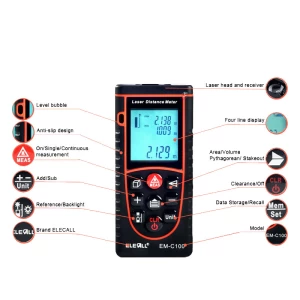 EM-C100 100m/328ft Digital Laser Distance Meter Bubble Level Rangefinder Area/Volume Tape Measure Laser Measuring Tool