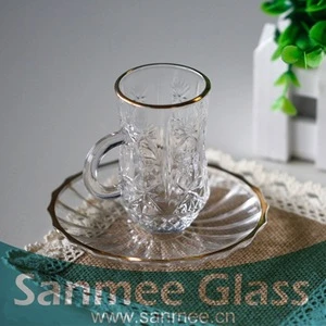 Embossed Gold Edging Handle Glass Tea Cup With Saucer Wholesale