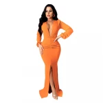 european and american hot models of solid color big v-neck  ladies slim nightclub skirt evening dress