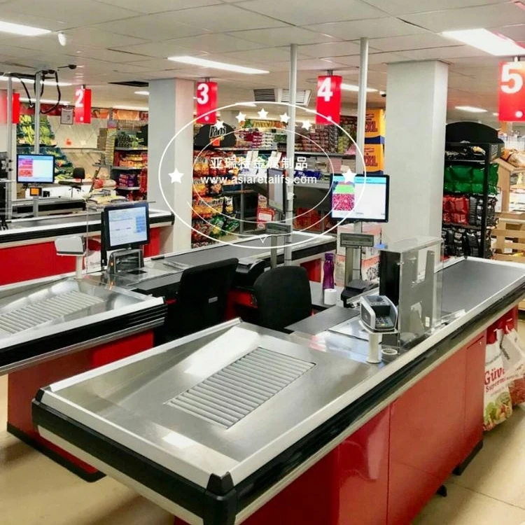 Export to Europe supermarket checkout counter with conveyor belt
