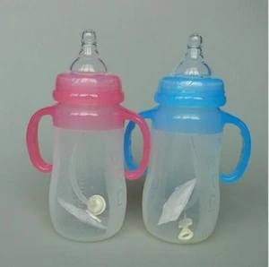 Factory supply 240ml wide mouth silicone baby feeding milk bottle with straw