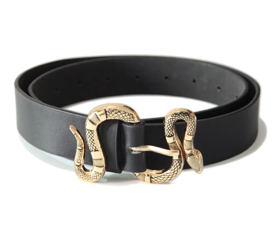 Fashion Women Black Brown Leather Belt with Snake Buckle