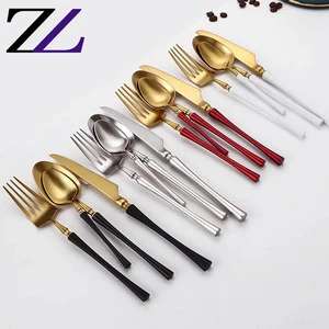 Food cocina accessories dinner cutlery red white and black color handles long handle european gold flatware set tableware