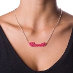GAN035 Custom Personalised Wholesale Acrylic Script Style Name Block Plate Silver Chain Necklace with Blue Charm Pendant
