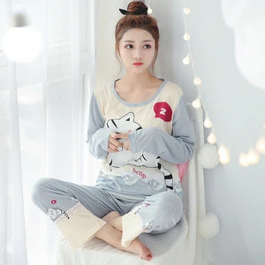 Grey Cat-and-Cat Decorative Stitching Comfortable Sleepwear