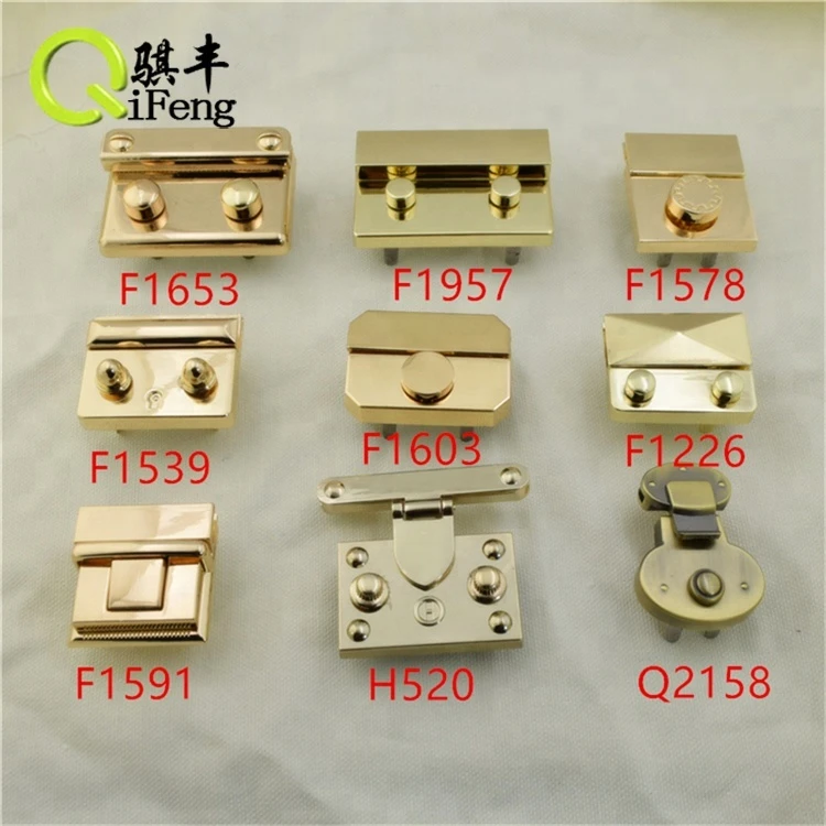 H-712 Qifeng hardware Shiny lighth gold custom bag hardware metal push handbag lock