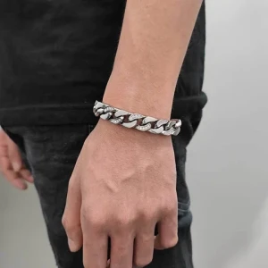 Hip Hop Iced Out Jewelry Half Diamond 5A Zircon 12mm Stainless Steel Bracelet with Four Sides Polished Cuban Link Chain for Men