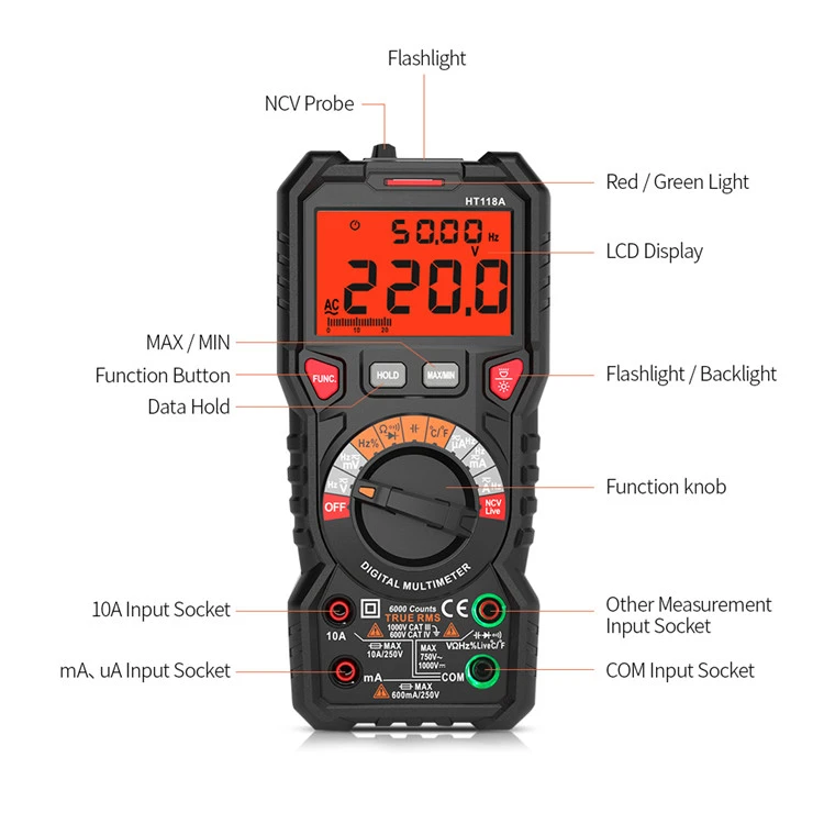 HT118A  6000 Counts True RMS Resistance Frequency Temperature NCV Test Multimeter Best Auto Range Multimeter Digital for Sale