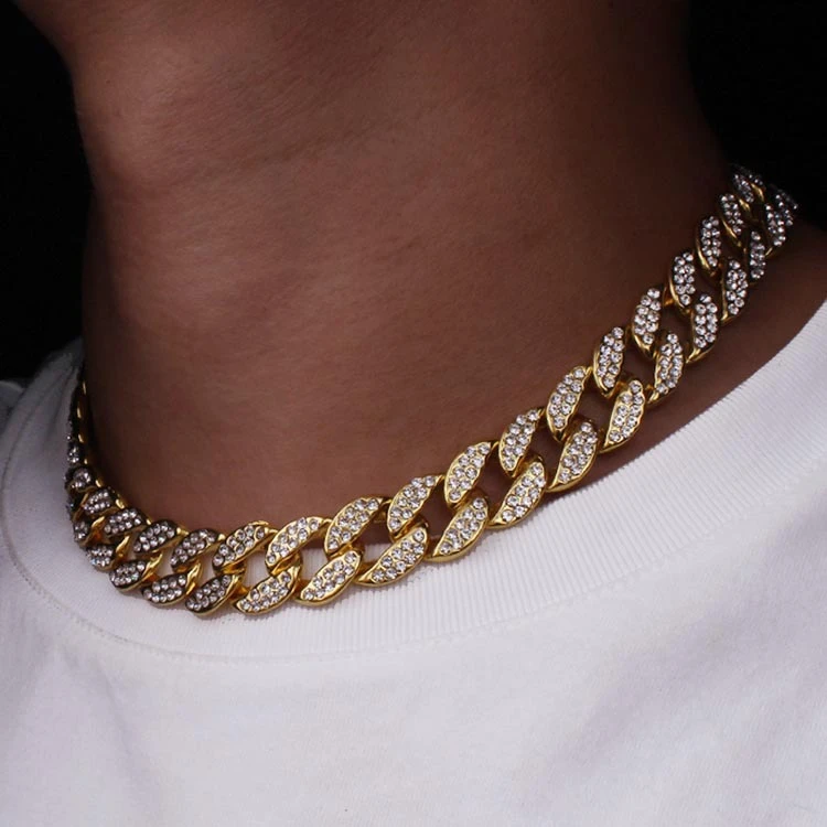Iced Out Bling Rhinestone Golden Finish Miami Cuban Link Chain Necklace Mens Hip hop Necklace Jewelry