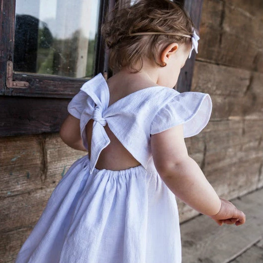 infant baby Girl dress summer cotton hemp solid color children skirt bowknot princess skirt fluffy skirt