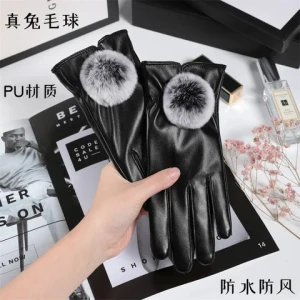 Ladies Winter Glove Lovely Plush Gloves Inside Thick PU Warm Leather Driving Gloves