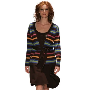 Last Fashion high quality multicolor striped cardigan in 100% wool with knit belt Made in Italy