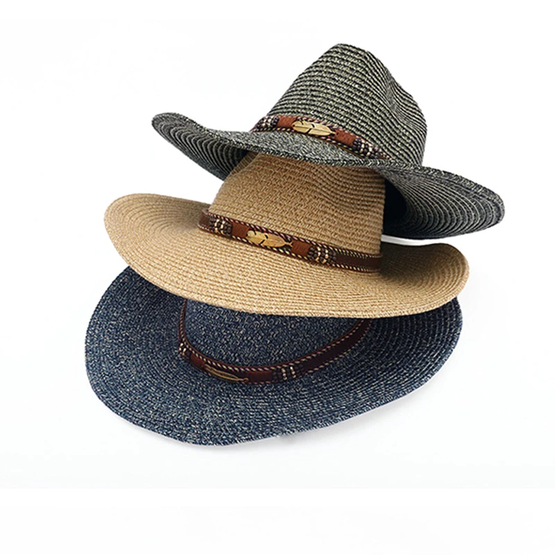Latest design fashion wholesale fedora straw hat with leather belt decoration holiday style straw bucket hat