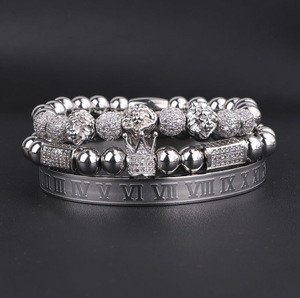 Luxury CZ diamond gold crown charm stainless steel Roman numeral bangle custom logo elastic bracelet set for men women
