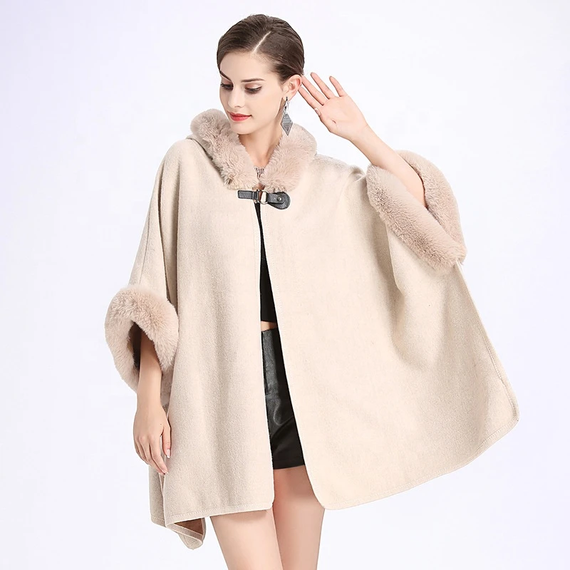 Luxury Italy Loose Poncho Women Double Face Wool Shawl Woolen Large Custom Fox Fur Collar Winter Coat Cape Hooded
